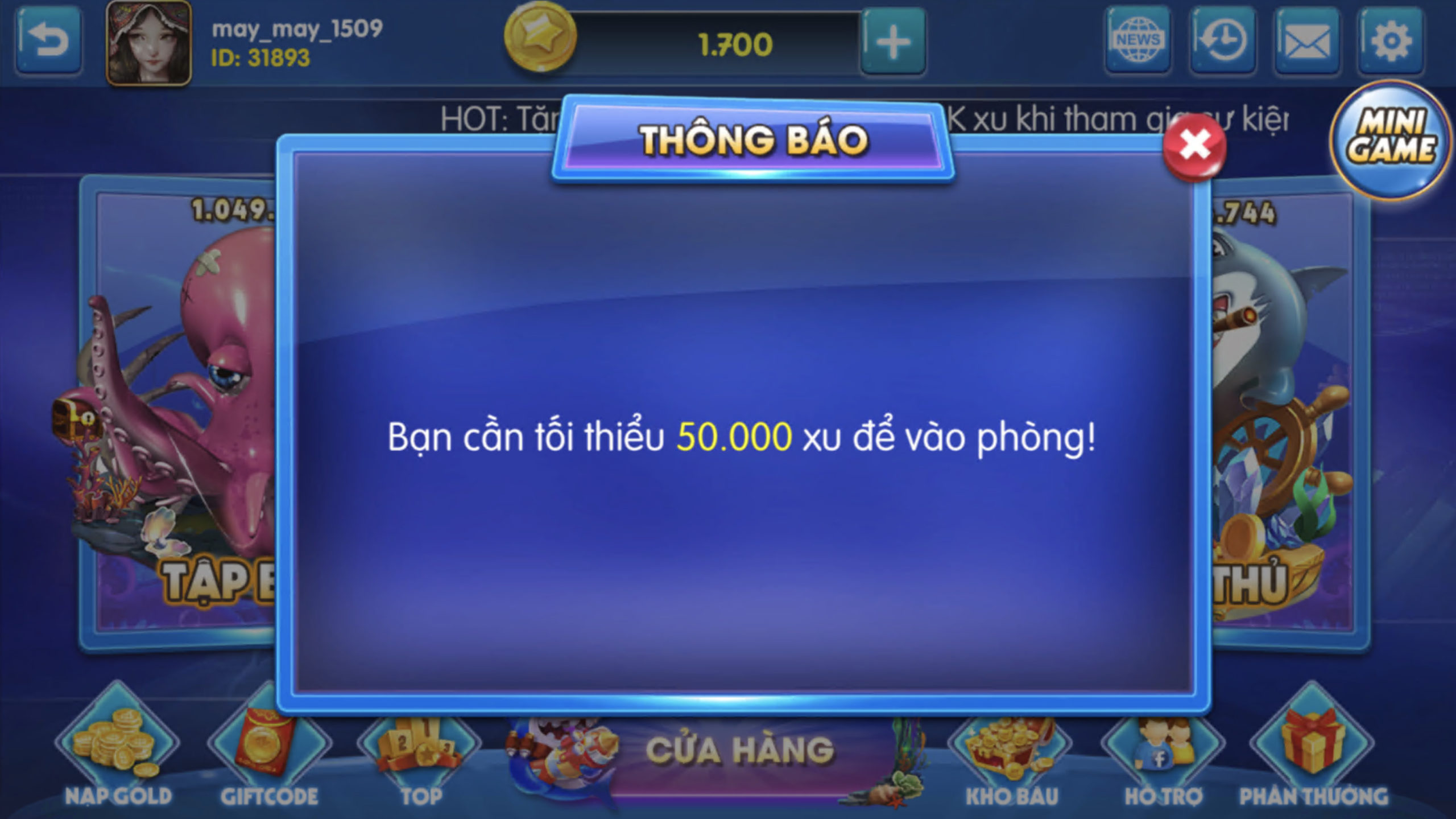 Xu tối thiểu để vào phòng Cao thủ trên game Bắn cá rồng