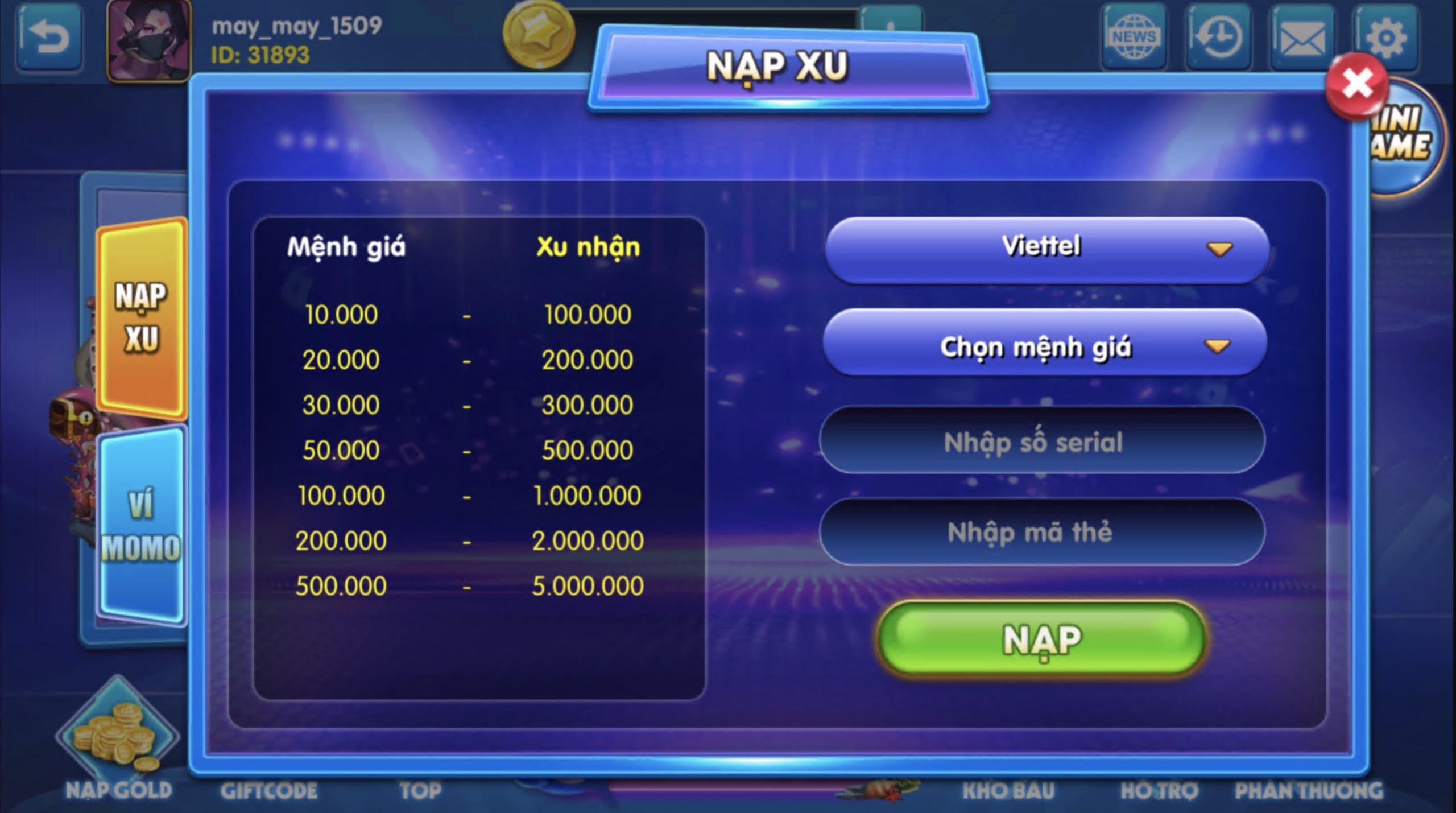 Các nạp xu trên game bắn cá Rồng