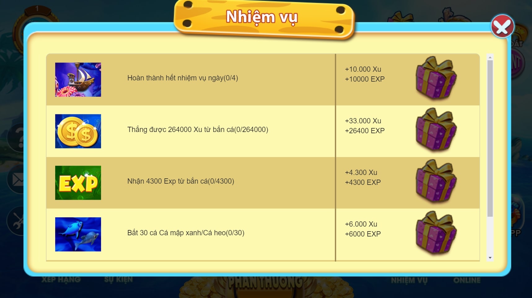 Các nhiệm vụ nhận thưởng trong game