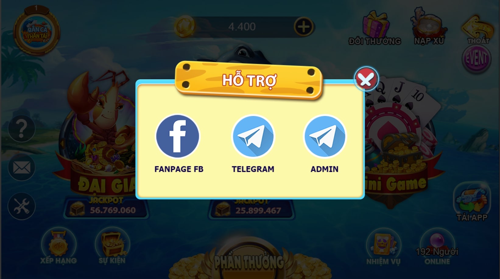 Hỗ trợ người chơi qua FB, Telegram