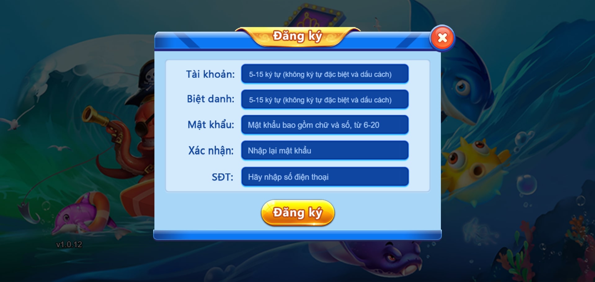 Đăng ký tài khoản game Bắn cá H5 theo form