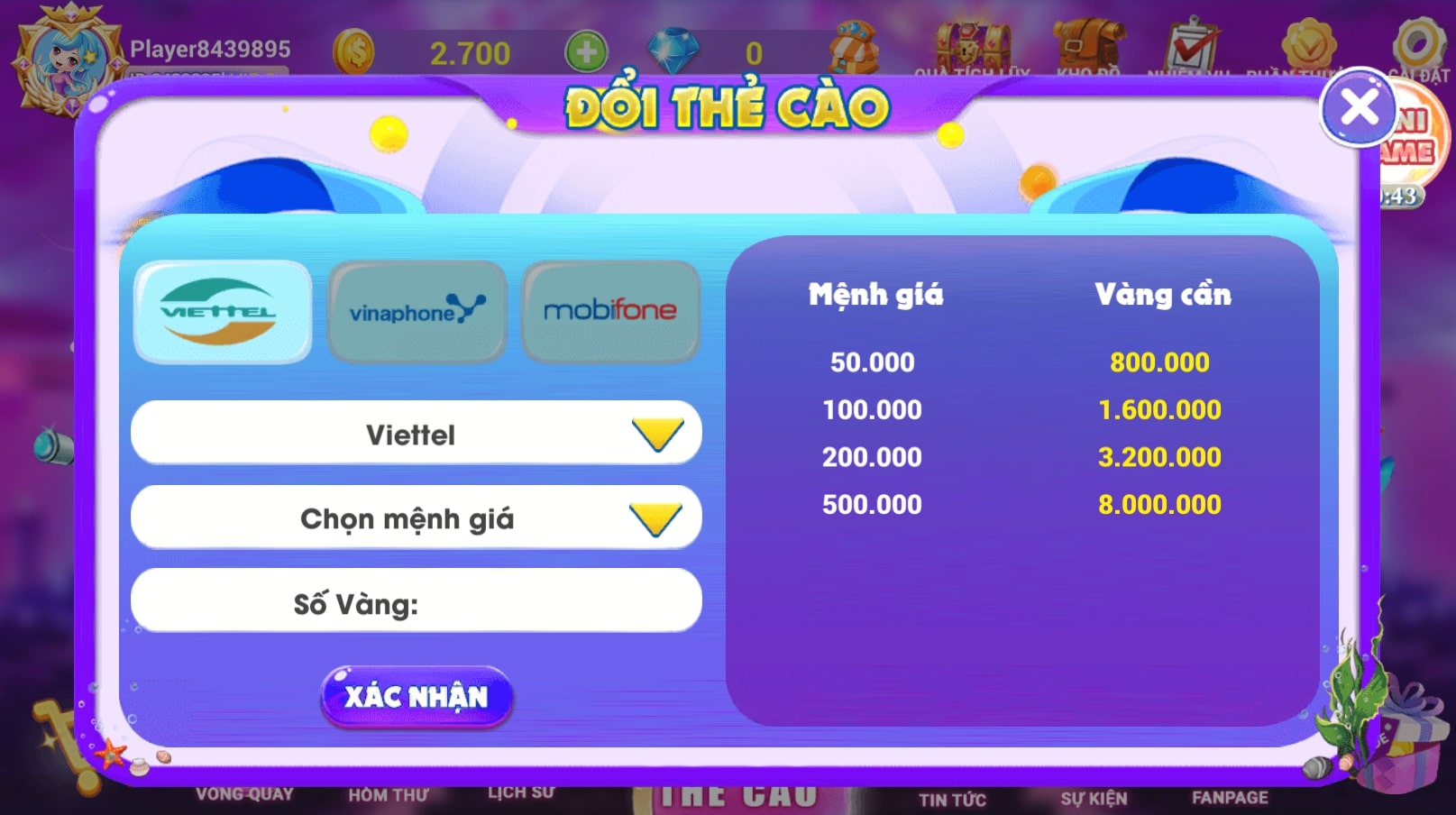 Đổi thưởng dễ dàng với 3 nhà mạng trong game Bắn cá thẻ cào