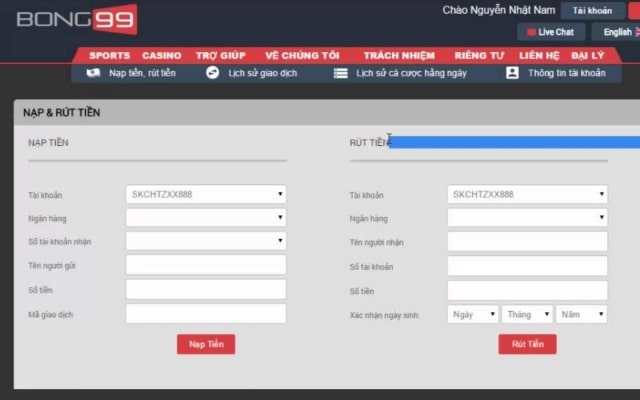 Giao diện nạp, rút tiền tại Bong99