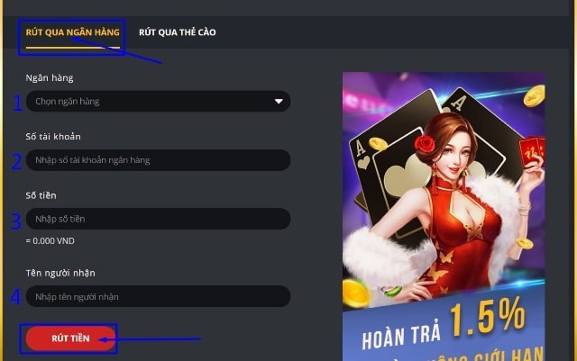 Giao diện rút tiền qua ngân hàng