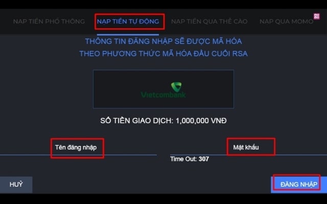 Giao diện nạp tiền tự động