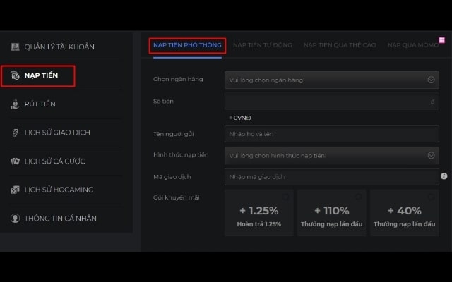 Giao diện nạp tiền phổ thông