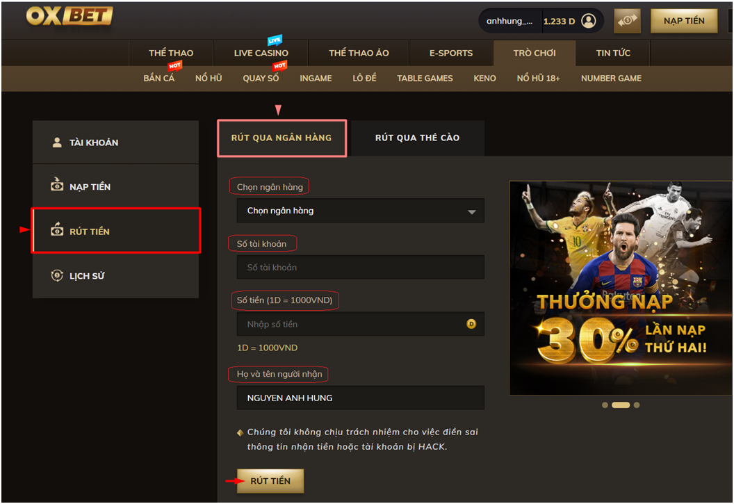 Rút tiền tại nhà cái Oxbet bằng ngân hàng