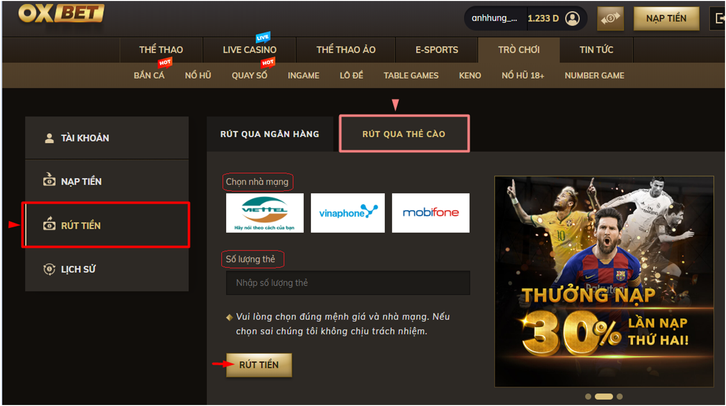 Rút tiền tại nhà cái Oxbet bằng thẻ cào